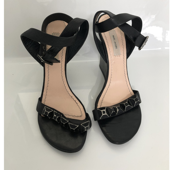 Marc Jacobs Black Leather Stud-Embellished Wedges - Picture 2 of 8